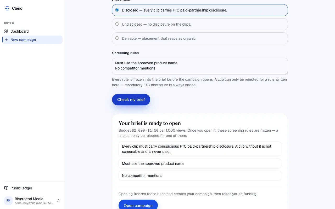 Cleno campaign-create screen: the brief form with the complete price computed on the same page — Budget $2,000 · $1.50 per 1,000 views — and the screening rules that freeze into the brief.