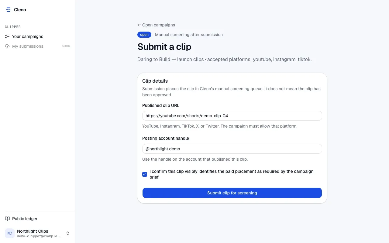 A clipper's view of a live brief in Cleno: the campaign, its accepted platforms, and the paid-partnership disclosure the clipper must attest before submitting a clip for screening.
